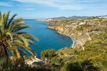 View on Maro beach and Nerja in the back, located on the coastline of the Costa del Sol in Southern...