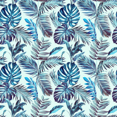 Tropical pattern. Jungle blue palm leaves. Tropical summer background, seamless pattern painting watercolor illustration