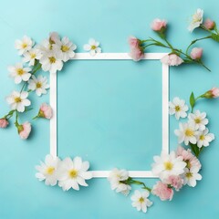 White frame on a blue background with cherry blossoms surrounding it.