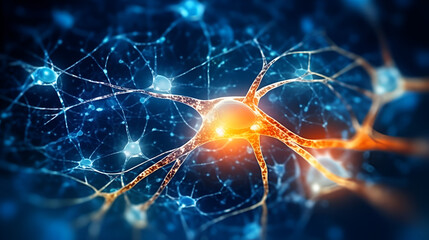 Active nerve cells. Neuronal network with electrical activity of neuron cells. Neuroscience, neurology, brain activity, nervous system and impulse