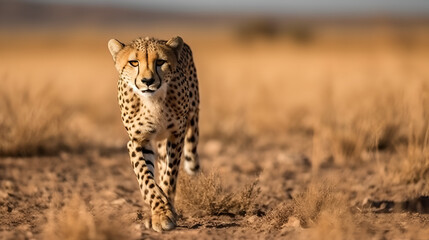 Naklejka premium Front view of Cheetah stalking for prey on savanna