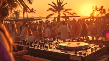 Fototapeta na wymiar Party on the beach. Dj mixing outdoor at beach party festival with crowd of people at sunset in background. Disc jockey playing music on beach. Event, music and fun concept