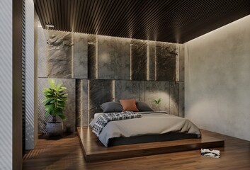 Modern bedroom interior design contemporary, with natural tones on the room, walls, floor and ceiling. 3d rendering illustration