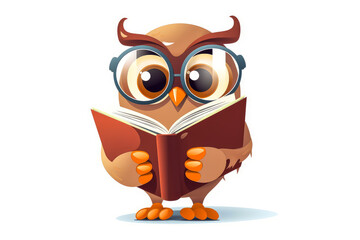 Charming owl mascot with glasses and a book, symbolizing a wise bibliophile librarian on a white background, perfect for educational logos. Generative AI