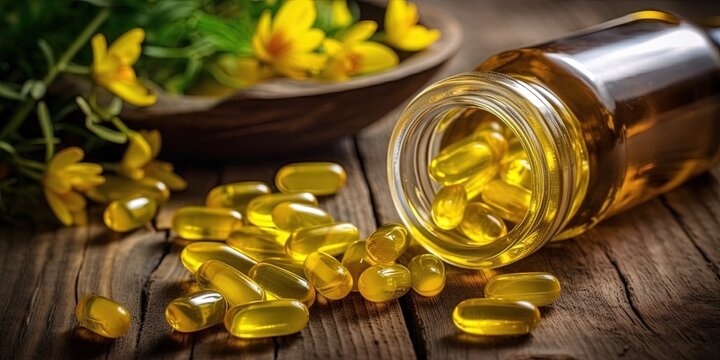 Evening primrose oil capsules in bottle, soft gels, Oenothera biennis plant on wooden table