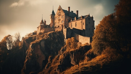 Obraz premium Majestic gothic chapel built on ancient cliff, surrounded by nature generated by AI