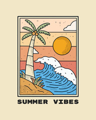 Summer vibes theme. the waves and the coconut on the beach vector t shirt illustration