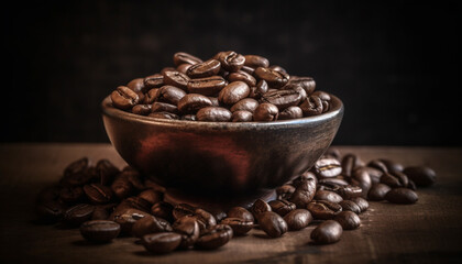 Fototapeta premium Freshly ground coffee beans on rustic wooden table, aromatic scent generated by AI
