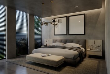 Modern bedroom interior design contemporary, with natural tones on the room, walls, floor and ceiling. 3d rendering illustration
