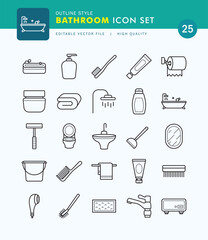 Set of Bathroom Icon Outline Style. Soap, Shower, Brush, Faucet.