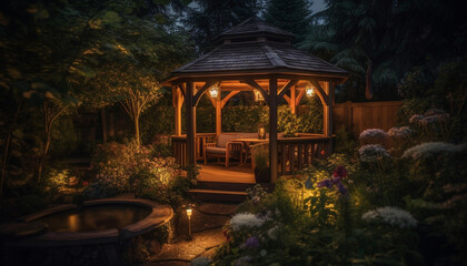 Tranquil dusk illuminates rustic cottage porch in tranquil rural scene generated by AI