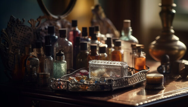 Antique glass bottle collection on old fashioned table, indoor decoration generated by AI