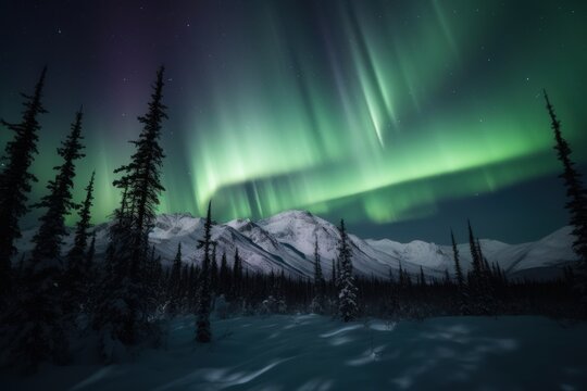 Aurora, northern lights in night sky over mountains and forest. Generative AI