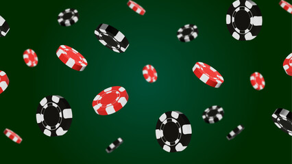 3D Flying casino red and black chips with green background