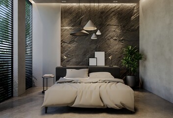 Modern bedroom interior design contemporary, with natural tones on the room, walls, floor and ceiling. 3d rendering illustration