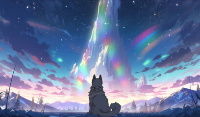 Dog looks at the Aurora borealis, polar lights. Anime, manga style. Generative AI