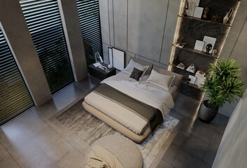 Modern bedroom interior design contemporary, with natural tones on the room, walls, floor and ceiling. 3d rendering illustration