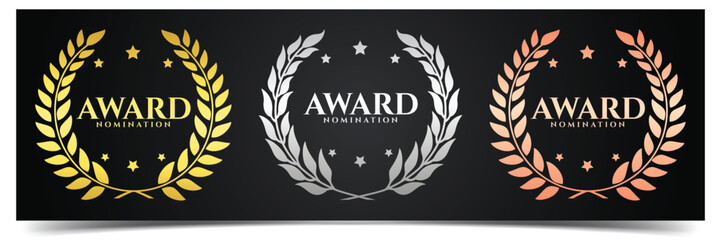 Golden, silver and bronze award signs with laurel wreath, award nomination trophy and award winning symbol. Winner label, leaf symbol victory with black background. Vector illustration