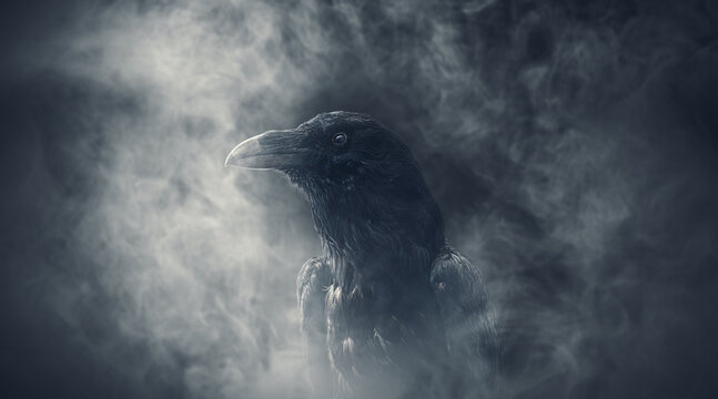 Creepy black crow portrait close up