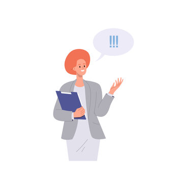 Emotional businesswoman cartoon character talking design with speech bubble and exclamation mark
