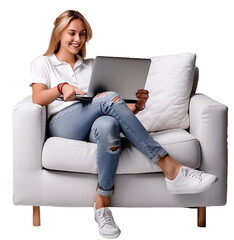 A fictional person, blond woman sitting on a white arm chair with laptop, generative AI 