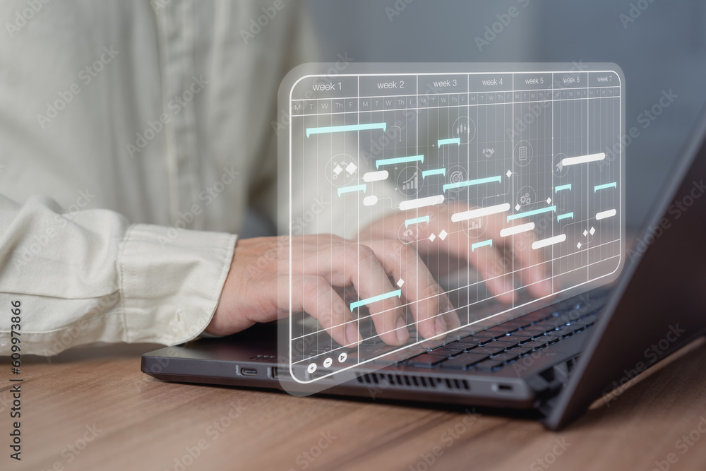 Poster Business man working data analytics with computer in business management system to make report with KPI and metrics connected to database. Corporate strategy for finance, marketing, operations, sales.