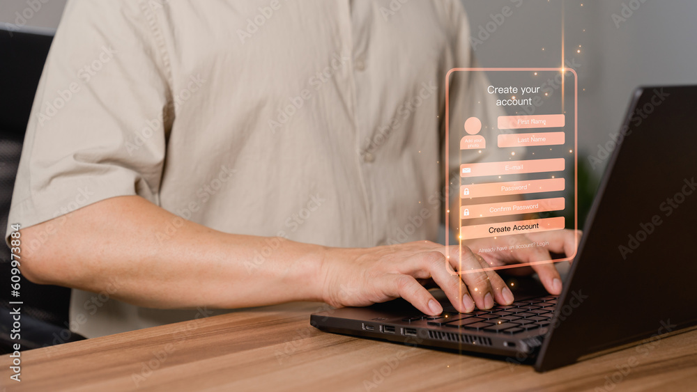 Leinwandbilder Adult Man type sign up for the website on a computer laptop. Cyber security concept to protect personal data. Secure encryption and access to the user's private information to access the internet.