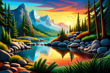 Beautiful nature landscape with lake and mountains at sunset, illustration art, generative ai