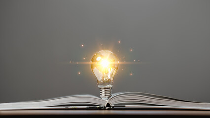 Glowing light bulb with creativity twinkling lights on a book. Ideas for inspiration from reading. Innovation concept of self-learning, education knowledge, technology, business, power of knowledge.