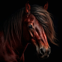 Fototapeta na wymiar portrait of a brown horse with a wise look into the camera created with Generative Ai technology
