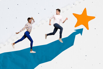 Company promotion concept collage of two colleagues competition leader project running arrow direct...