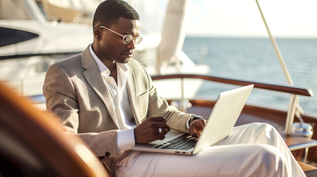 A fictional person. Serene Businessman Working on Laptop Aboard Luxurious Yacht