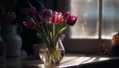 Fresh bouquet of multi colored tulips in glass vase on table generated by AI