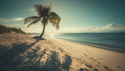 Idyllic palm tree on tranquil coastline, sunset over tropical paradise generated by AI