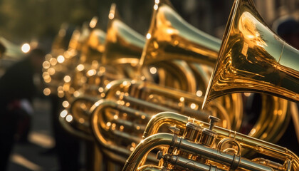 Shiny brass instruments reflect musician focus on foreground performance generated by AI - obrazy, fototapety, plakaty