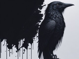 Ink drawing of a raven side profile on white background. ai generative