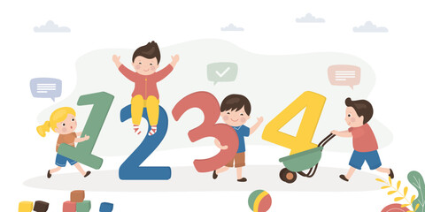 Caucasian children playing numbers. Cute students learning, back to school. Preschoolers learn algebra, fun math lessons. Elementary education, kindergarten education, knowledge.