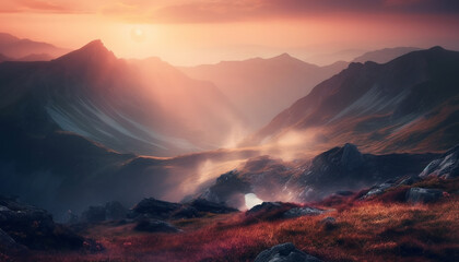 Obraz premium Majestic mountain range at dawn, tranquil meadow, men hiking adventure generated by AI
