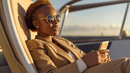 A fictional person. Elegant Businesswoman Engaged in Phone Conversation on Yacht Deck