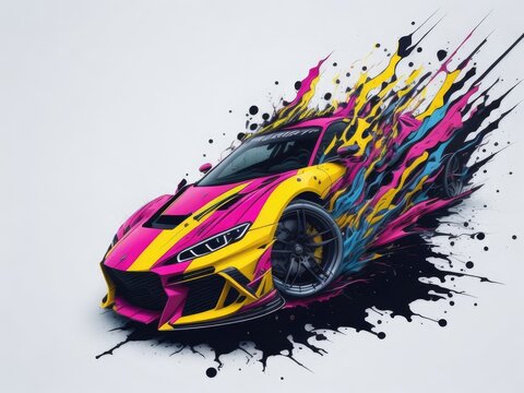 Sport car splash art colorful white background. ai generative