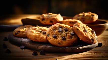 A close up shot of scrumptious Chocolate Chip Cookies arranged on a rustic wooden table. Generative AI