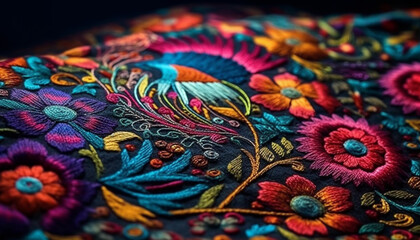 Vibrant colors and ornate embroidery adorn this homemade patchwork tapestry generated by AI - obrazy, fototapety, plakaty