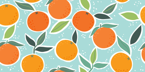 Vector seamless pattern with citrus fruits. Trendy hand drawn texture with oranges. Contemporary collage. Modern abstract design for paper, cover, fabric. - obrazy, fototapety, plakaty
