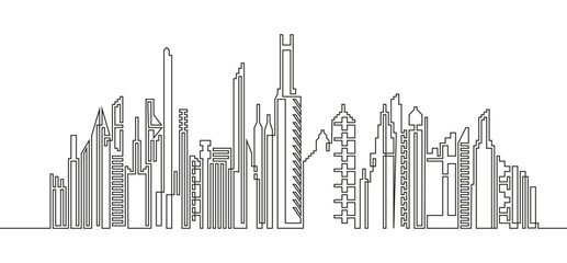 Fototapeta premium Cityscape continuous one line vector. Linear, hand drawing of houses, skyscrapers. Horizontal panoramic, urban landscape of metropolis architecture silhouette.