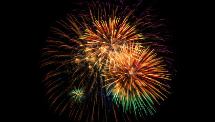 Vibrant colors illuminate the dark night in explosive celebration generated by AI