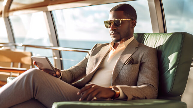 A fictional person. Stylish businessman on yacht engaged in a phone conversation