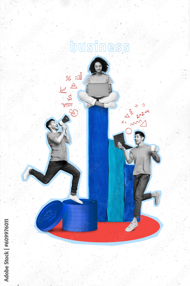 Poster vertical collage image of black white colors mini people use netbook jump run talk loudspeaker plast