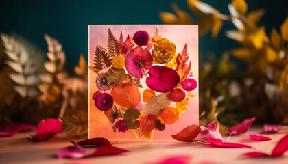 Autumn romance on a wood table with flower decoration generated by AI