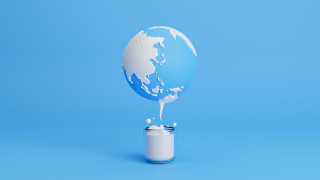 World Milk Day concept design illustration isolated on blue background with copy space. World with milk day greeting poster design template. Creative concept design for banner and poster. 3D rendering