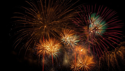 Vibrant colors illuminate the dark night in explosive celebration generated by AI
